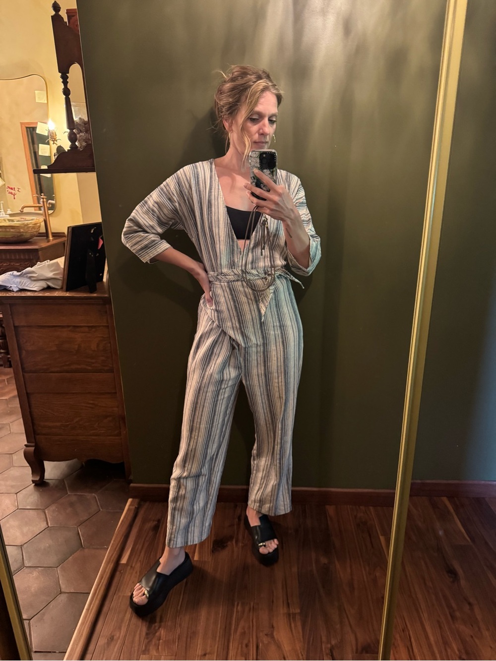 Striped V-Neck Tie-Waist Jumpsuit